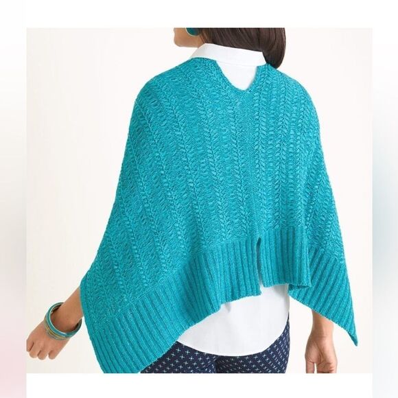 Chico's Turquoise Blue Tape Yarn Chunky Woven Convertible Poncho - Picture 2 of 15